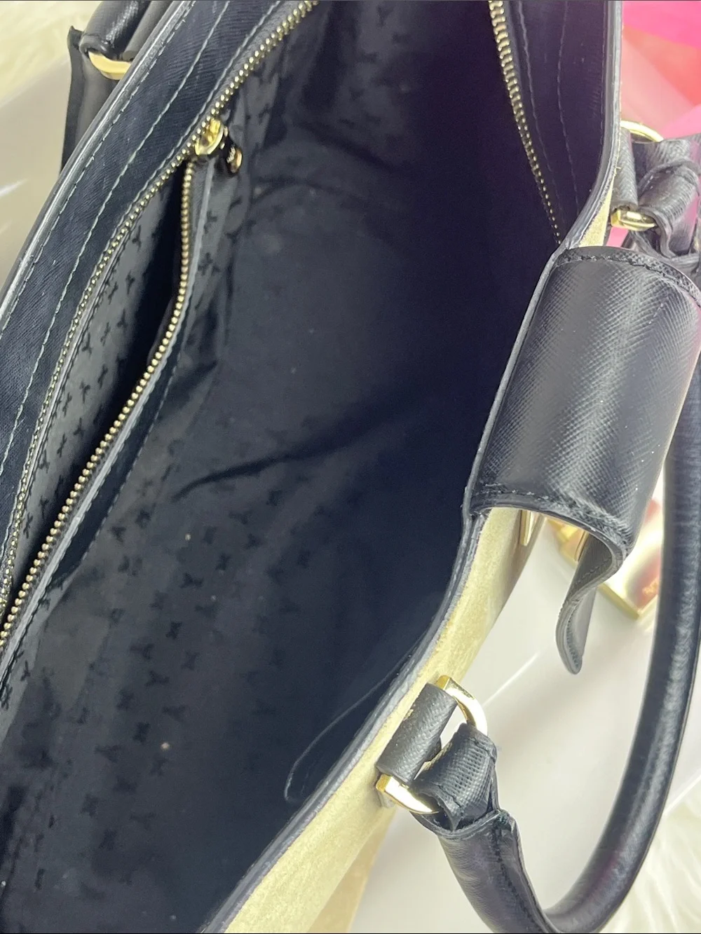 Patrizia Pepe Beige Suede and Black Leather Satchel with Gold Lock